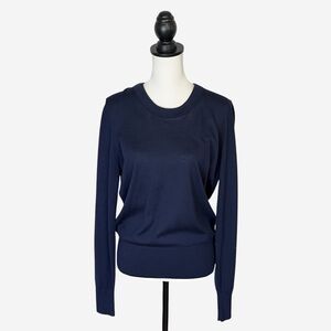 Burberry Sweater Womens Size L Super Fine Merino Wool Navy Fitted Bow Detail